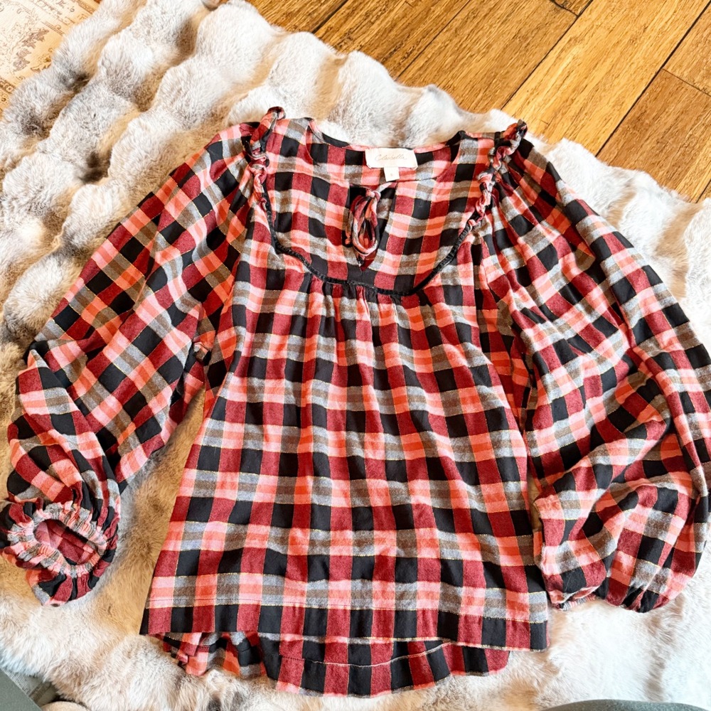 Cleobella Red‎ Black Pink Plaid Ruffle Tie Neck Long Sleeve Peasant Blouse S